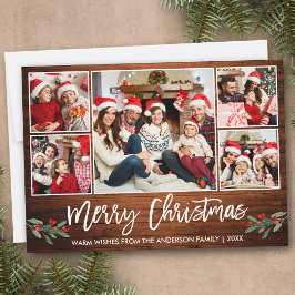 Modern Push Script Wood 5 Photo Family Jul Julkort