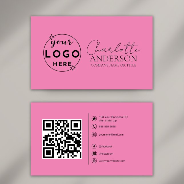 Modern QR-Anpassningsbar Logotyp Social Media Rosa Visitkort (Skapare uppladdad)