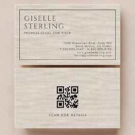 Modern QR Code Beige Linen Professional Luxury  Visitkort