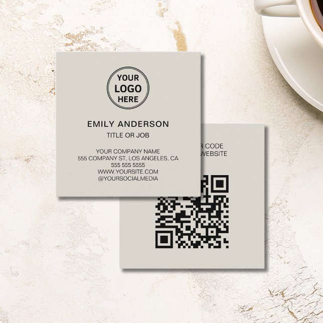 Modern QR Code Custom Logo Neutral Corporate Fyrkantigt Visitkort (Modern QR Code Custom Logo Neutral Corporate Square Business Card)