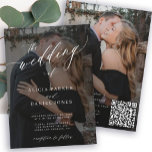 Modern QR CODE-elegant, skript 2 foton bröllop Inbjudningar<br><div class="desc">trendig av elegant alla i en bröllopsinbjudan med "bröllop av" vit text och svart övertäckning med ett kalligrafiskt skript för chic. Anpassa den med dina 2 foton och skanna QR CODE (som automatiskt genereras med din URL-länk) till webbplatsen för online av OSA och mer information. Denna inbjudan till ett tidsbegränsat...</div>