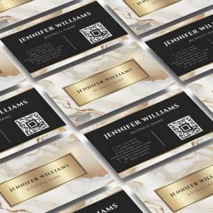 Modern QR Code Guld White Marble Elegant Visitkort