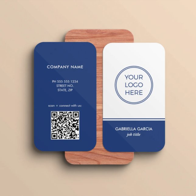 Modern QR Code Logo Blue Business Card Visitkort (Card shown in 3.5 x 2 inches with round corners. )