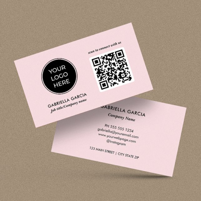 Modern QR Code Pink Logo Business Card Visitkort (Card shown in 3.5 x 2 inches. Choose size, paper and corner style.)