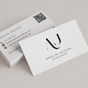 Modern QR CODE svart och vitt monogrammat Visitkort