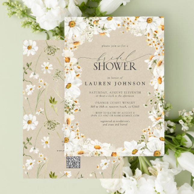 Modern QR Elegant-Daisy, Rustik-Möhippa för QR-kod Inbjudningar (QR Code Bridal Shower Invitation)