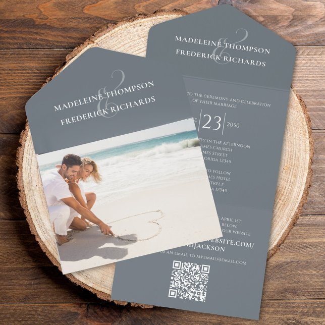 Modern QR Elegant Grått OSA Online Classic för QR- (Simple elegant grey wedding invitation all in one style with photo template. )