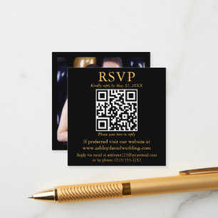 Modern QR-foto svart guld fyrkantig bröllop RSVP Tilläggskort
