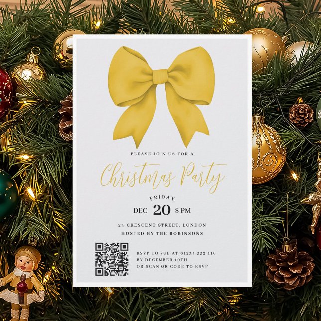Modern QR Gold Holiday Bow Christmas Party Inbjudningar (Modern QR Gold Holiday Bow Christmas Party Invitation)