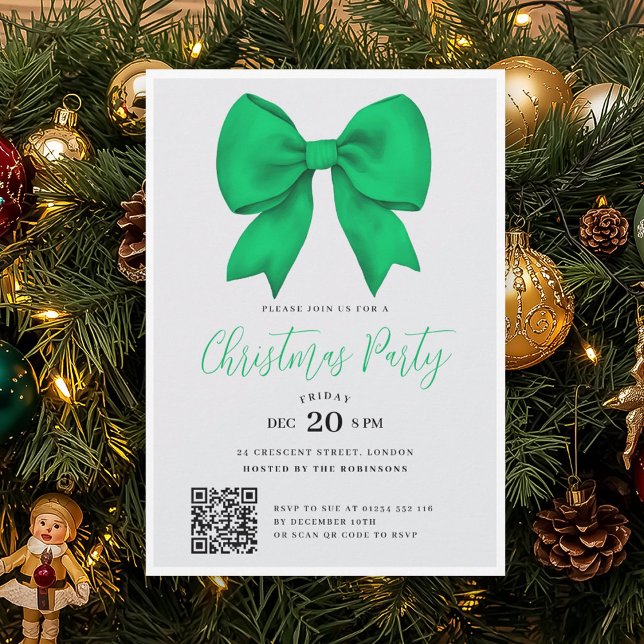 Modern QR Green Holiday Bow Christmas Party Inbjudningar (Skapare uppladdad)