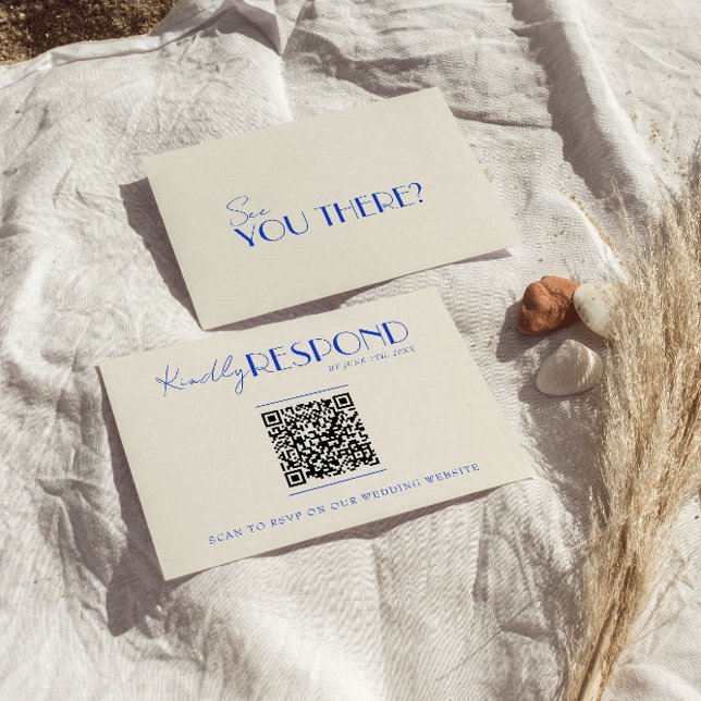 Modern QR-kod Blue Retro Fransk Whimsical Bröllop OSA Kort (Skapare uppladdad)