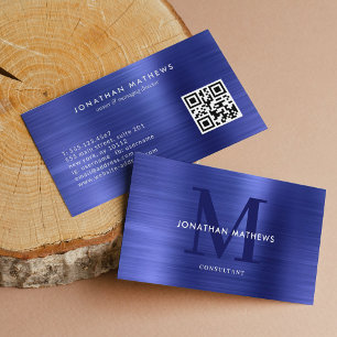 Modern QR-kod, borstad, metallisk, blå monogram Visitkort