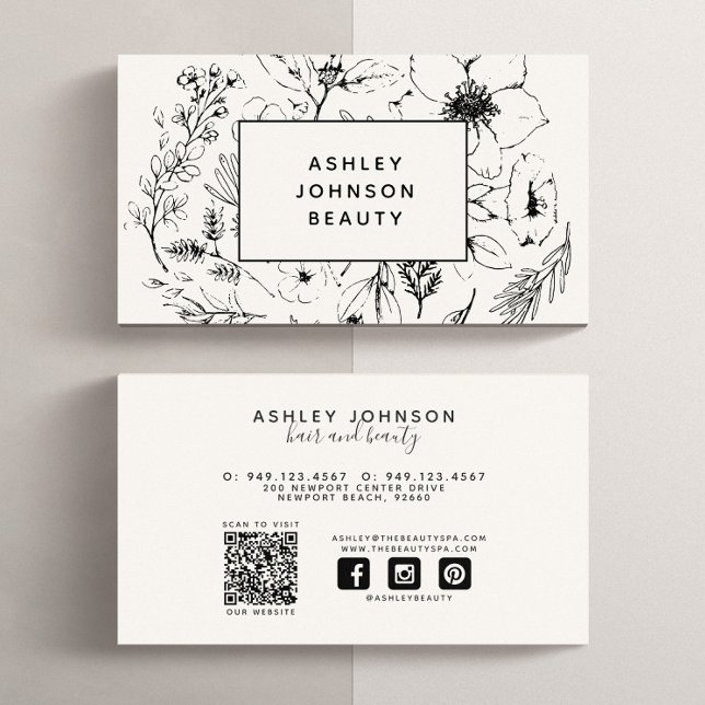 Modern QR-kod Botaniskt  svart Social-medium Visitkort (QR Code Social Media Business Card)