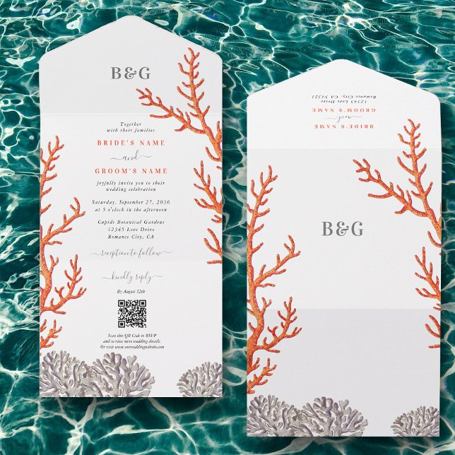 Modern QR-kod Bröllop för korallfärgskassan (Coral Watercolor Beach Modern QR Code Wedding All In One Invitation)
