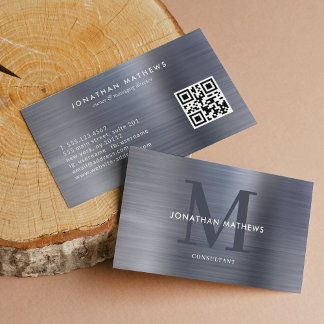 Modern QR-kod Brushed Metallic Grått Monogram Visitkort