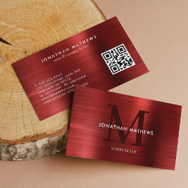 Modern QR-kod Brushed Metallic Red Monogram Visitkort