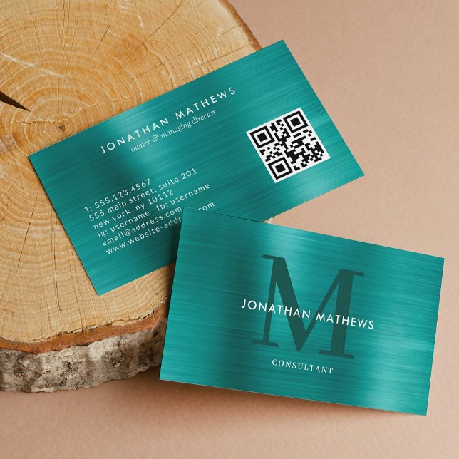 Modern QR-kod Brushed Metallic Teal Monogram Visitkort (Skapare uppladdad)