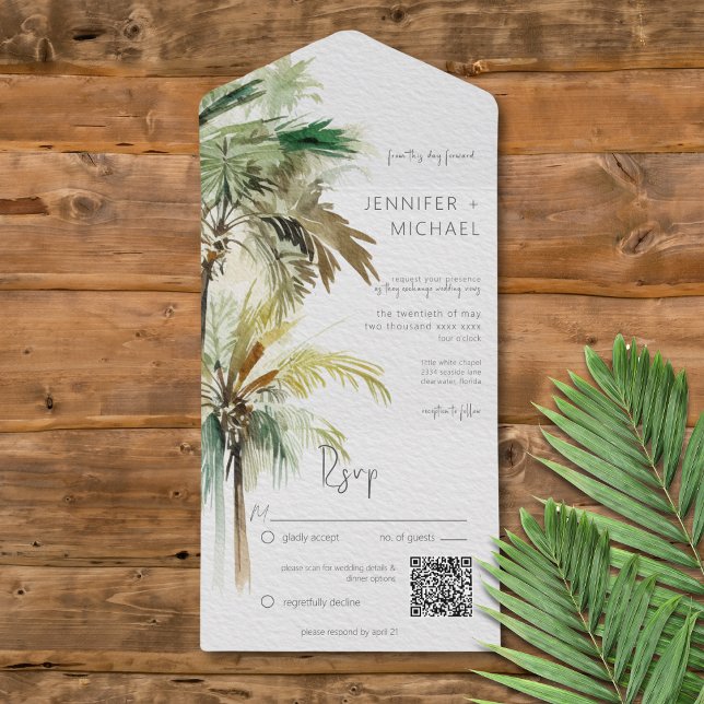 Modern QR-kod för det tropiska Handflatan-Träd (Tropical Palm Trees Modern All in One Wedding Invitation with QR Code)