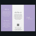 Modern QR-kod för enkel Lila Lavender-Contemporary Reklamblad<br><div class="desc">Modern och professionell lila/lavender-trifold broschyr-flygare med enkel och minimal design med ditt namn i ett skript för elegant och contemporary sans serif-teckensnitt. Mallen innehåller flera uppdelade sektioner för dina tjänster i en minimalistisk layout. Baksidan har din kontaktinformation och valfri QR-kod. Om du vill kan QR-koden tas bort i verktyg för...</div>