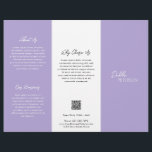 Modern QR-kod för enkel Lila Lavender-Contemporary Reklamblad<br><div class="desc">Modern och professionell lila/lavender-trifold broschyr-flygare med enkel och minimal design med ditt namn i ett skript för elegant och contemporary sans serif-teckensnitt. Mallen innehåller flera uppdelade sektioner för dina tjänster i en minimalistisk layout. Baksidan har din kontaktinformation och valfri QR-kod. Om du vill kan QR-koden tas bort i verktyg för...</div>