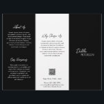 Modern QR-kod för enkel svart Contemporary Reklamblad<br><div class="desc">Modern och professionell svart trefaldig broschyrflygare med enkel och minimal design med ditt namn i ett skript för elegant och contemporary sans serif-teckensnitt. Mallen innehåller flera uppdelade sektioner för dina tjänster i en minimalistisk layout. Baksidan har din kontaktinformation och valfri QR-kod. Om du vill kan QR-koden tas bort i verktyg...</div>