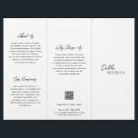 Modern QR-kod för enkel svart vit Contemporary<br><div class="desc">Modern och professionell, svart och vit trefaldig broschyrflygare med enkel och minimal design med ditt namn i ett elegant-skript och contemporary sans serif-teckensnitt. Mallen innehåller flera uppdelade sektioner för dina tjänster i en minimalistisk layout. Baksidan har din kontaktinformation och valfri QR-kod. Om du vill kan QR-koden tas bort i verktyg...</div>