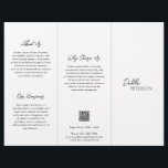 Modern QR-kod för enkel svart vit Contemporary Reklamblad<br><div class="desc">Modern och professionell, svart och vit trefaldig broschyrflygare med enkel och minimal design med ditt namn i ett elegant-skript och contemporary sans serif-teckensnitt. Mallen innehåller flera uppdelade sektioner för dina tjänster i en minimalistisk layout. Baksidan har din kontaktinformation och valfri QR-kod. Om du vill kan QR-koden tas bort i verktyg...</div>