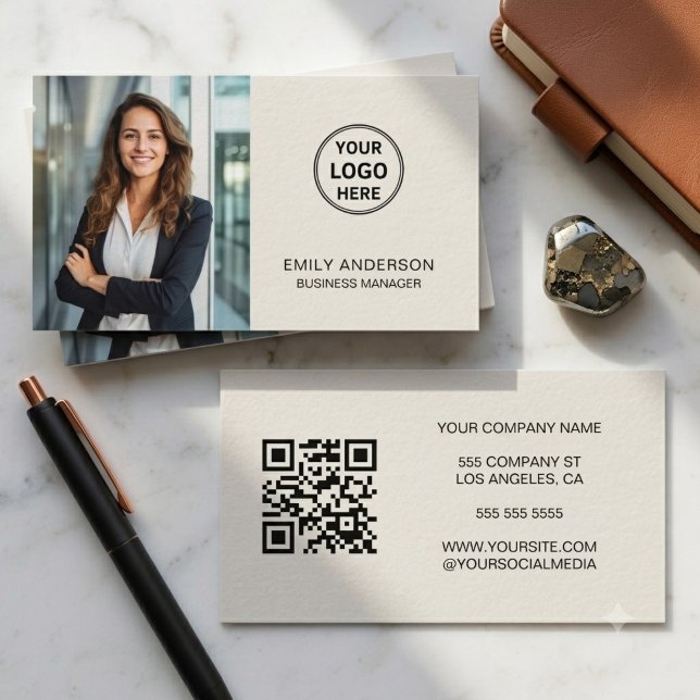 Modern QR-kod för foto med eget logotyp Visitkort (Modern Custom Logo Photo QR Code Business Card)