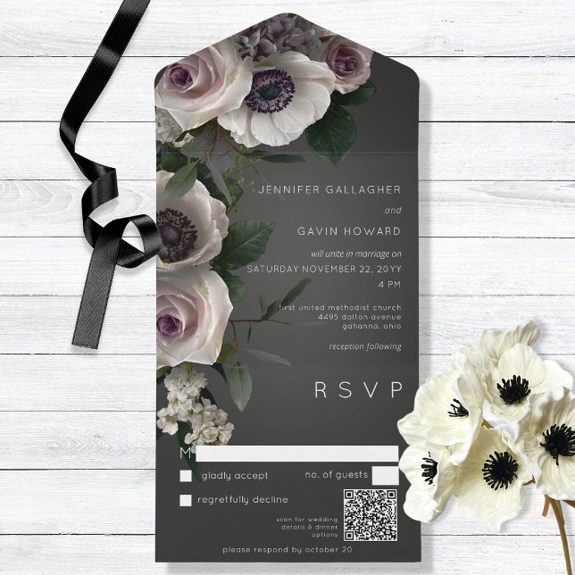 Modern QR-kod för mörk Charcol & White Blommigt (Skapare uppladdad)