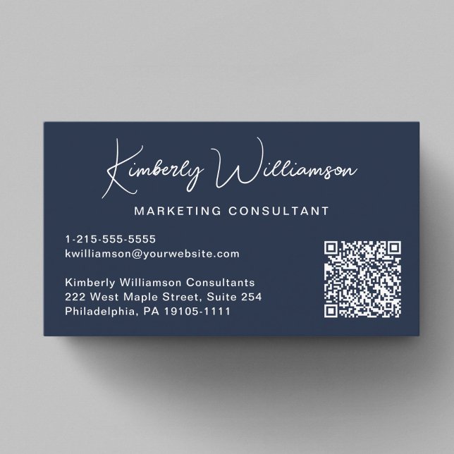 Modern QR-kod för professionella i blå skrift Visitkort (Modern Script QR Code Professional Blue Business Card)