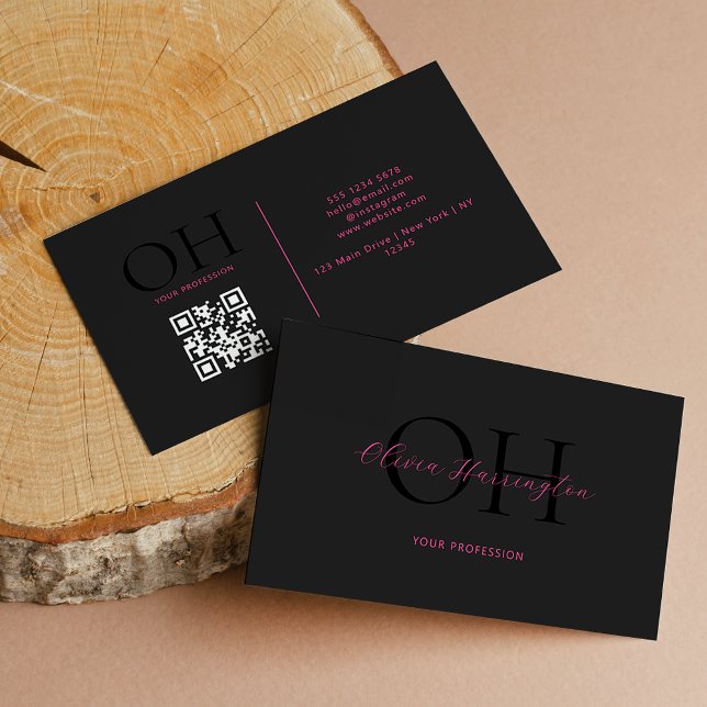 Modern QR-kod för svart och Rosa Visitkort (Skapare uppladdad)