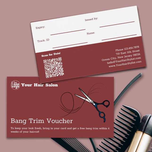 Modern QR-kod Gratis Pannlås Trim Voucherkort Visitkort (Modern Free Bang Trim Voucher Card)