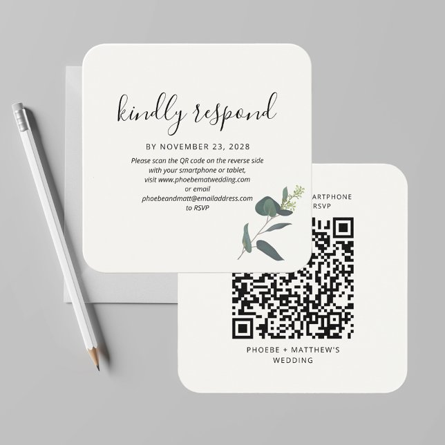 Modern QR-kod Greenery OSA Bröllop djurutrymme Fyrkantigt Visitkort (Eucalyptus Green Leaves QR Code Wedding RSVP Code)