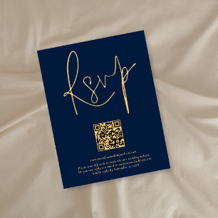 Modern QR-kod Guld - blått skript Bröllop OSA Kort