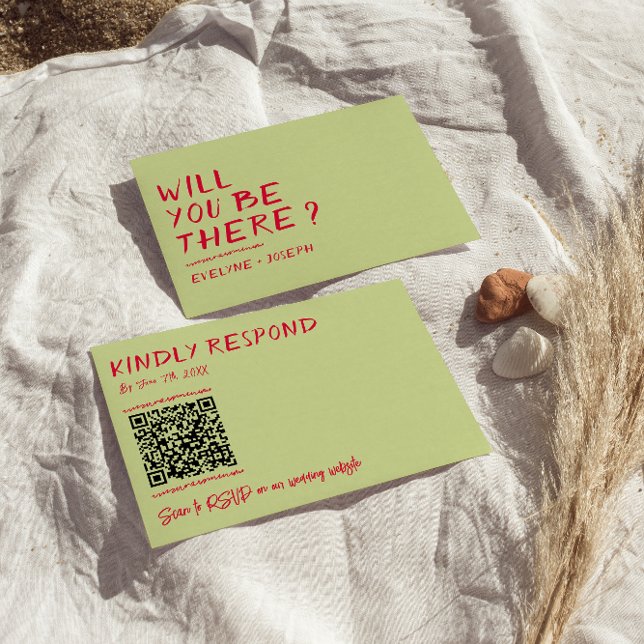 Modern QR-kod, handskriven färgfull Retro Bröllop OSA Kort (Skapare uppladdad)