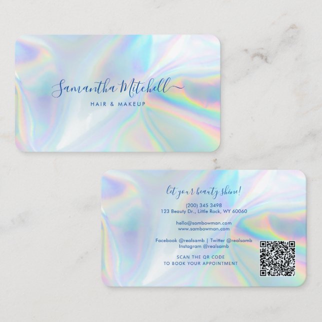 Modern QR-kod Holografisk Makeup Stylist Visitkort (Fram/baksida)