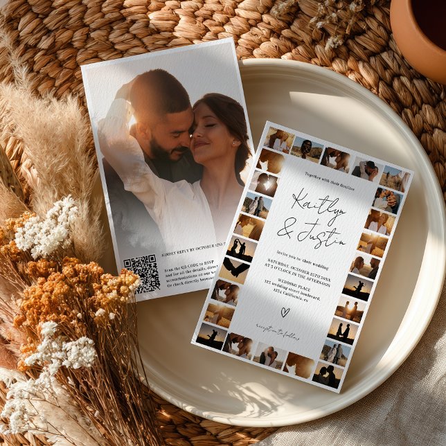 Modern Qr-kod: Minimal 29 Photo Grid Bröllop Inbjudningar (Modern Qr code Minimal 29 Photo Grid Wedding Invitation)