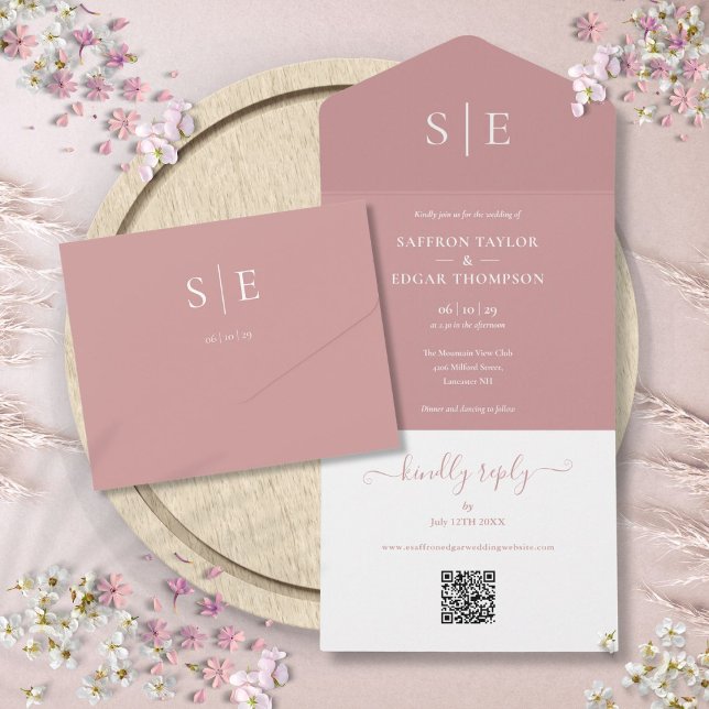 Modern QR-kod Monogram Dusty Rose Bröllop (Modern QR Code Monogram Dusty Rose Wedding All In One Invitation)