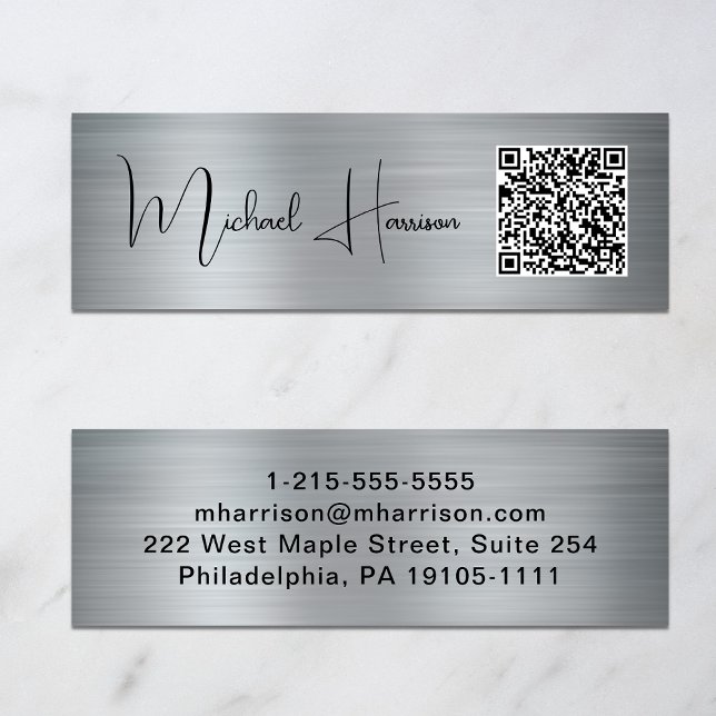 Modern QR-kod Namnteckning skript Silver Mini Visitkort (Capture attention, make connections, and leave a lasting impression with our QR code business card)
