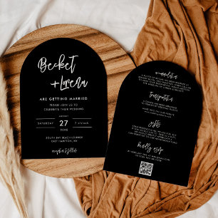 Modern QR-kod och detaljer i Black Arch Bröllop Inbjudningar
