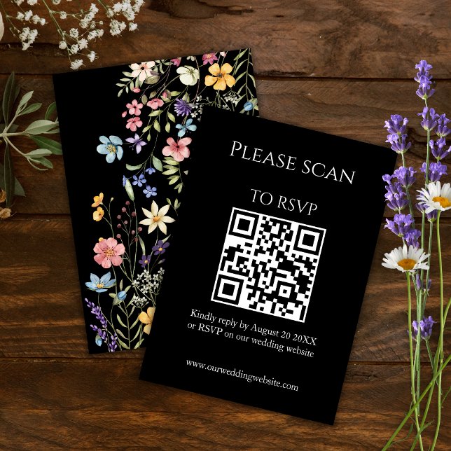 Modern QR-kod och OSA Bröllop med enkel Blommigt Kort (Skapare uppladdad)