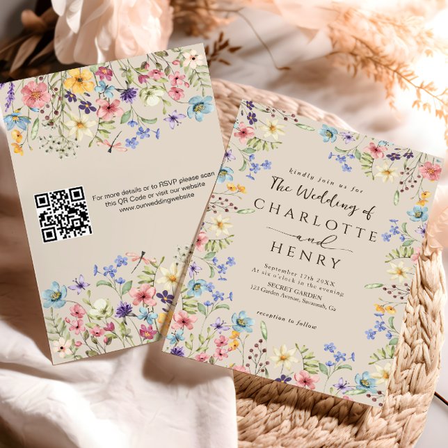  Modern QR-kod Rustik Enkel Vildblomma Bröllop  Inbjudningar (Skapare uppladdad)