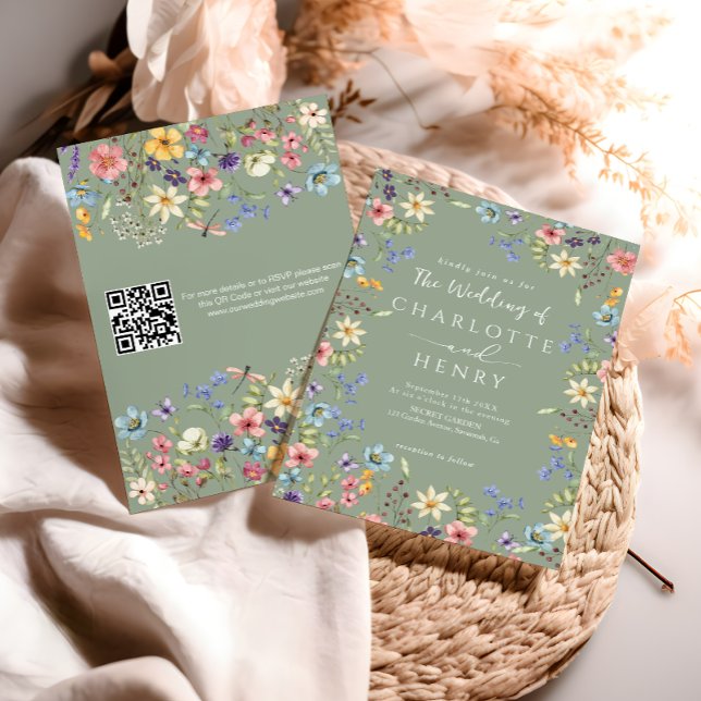  Modern QR-kod Sagegrön Vildblomma Bröllop  Inbjudningar (Skapare uppladdad)