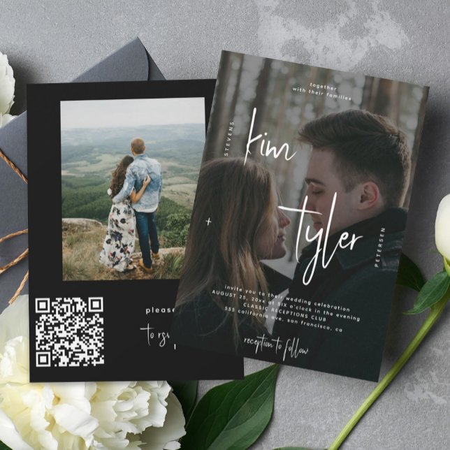 Modern QR-kod skriptnamn 2 bilder bröllop Inbjudningar (Skapare uppladdad)