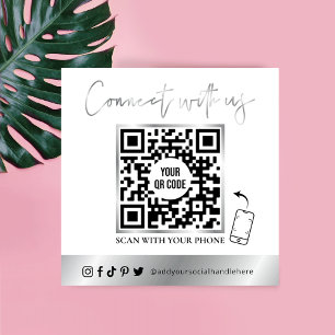 Modern QR-kod Social Media White & Chrome Silver Fyrkantigt Visitkort
