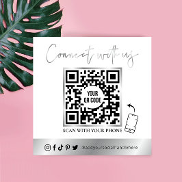 Modern QR-kod Sociala Medier Vit & Krom Silver Fyrkantigt Visitkort