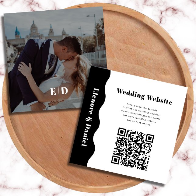 Modern QR-kod, svart, vit, vågfoto Bröllop Tilläggskort (Modern QR Code Black White Side Wave Photo Wedding Enclosure Card)