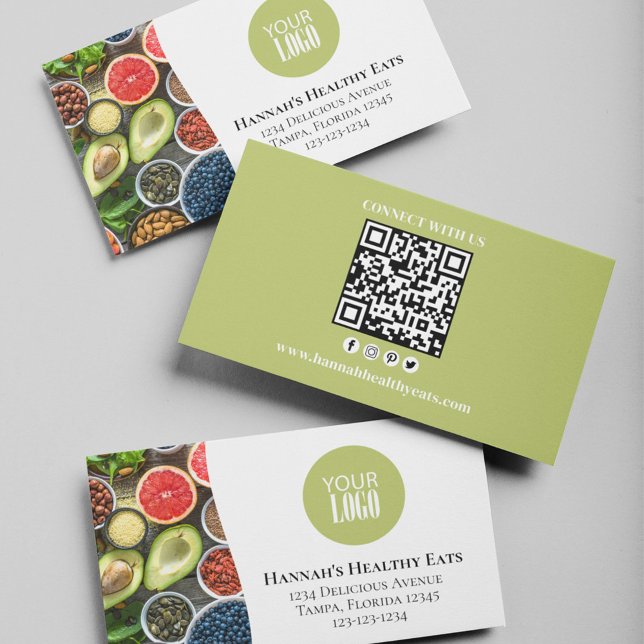 Modern QR-kodfoto och -Logotyp Grönt Visitkort (With a scannable QR code and social media icons. )