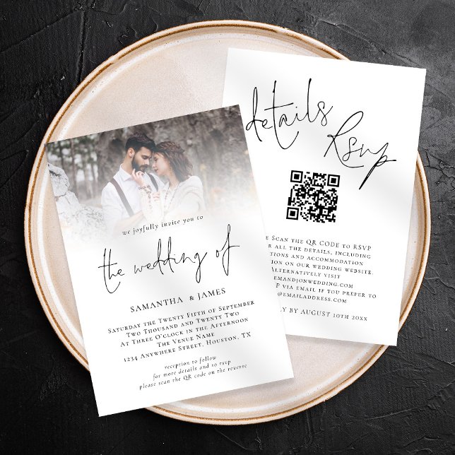 Modern QR-kodfotoalla i One Bröllop Inbjudningar (Front and back view, all in one invite, rsvp, details. Available digitally and printed)