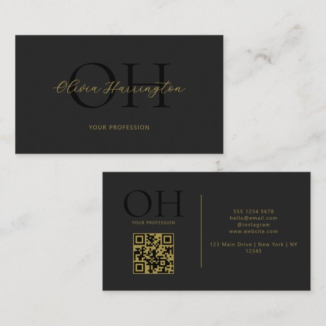 Modern QR-kodmonogram för svart och Guld Visitkort (Fram/baksida)